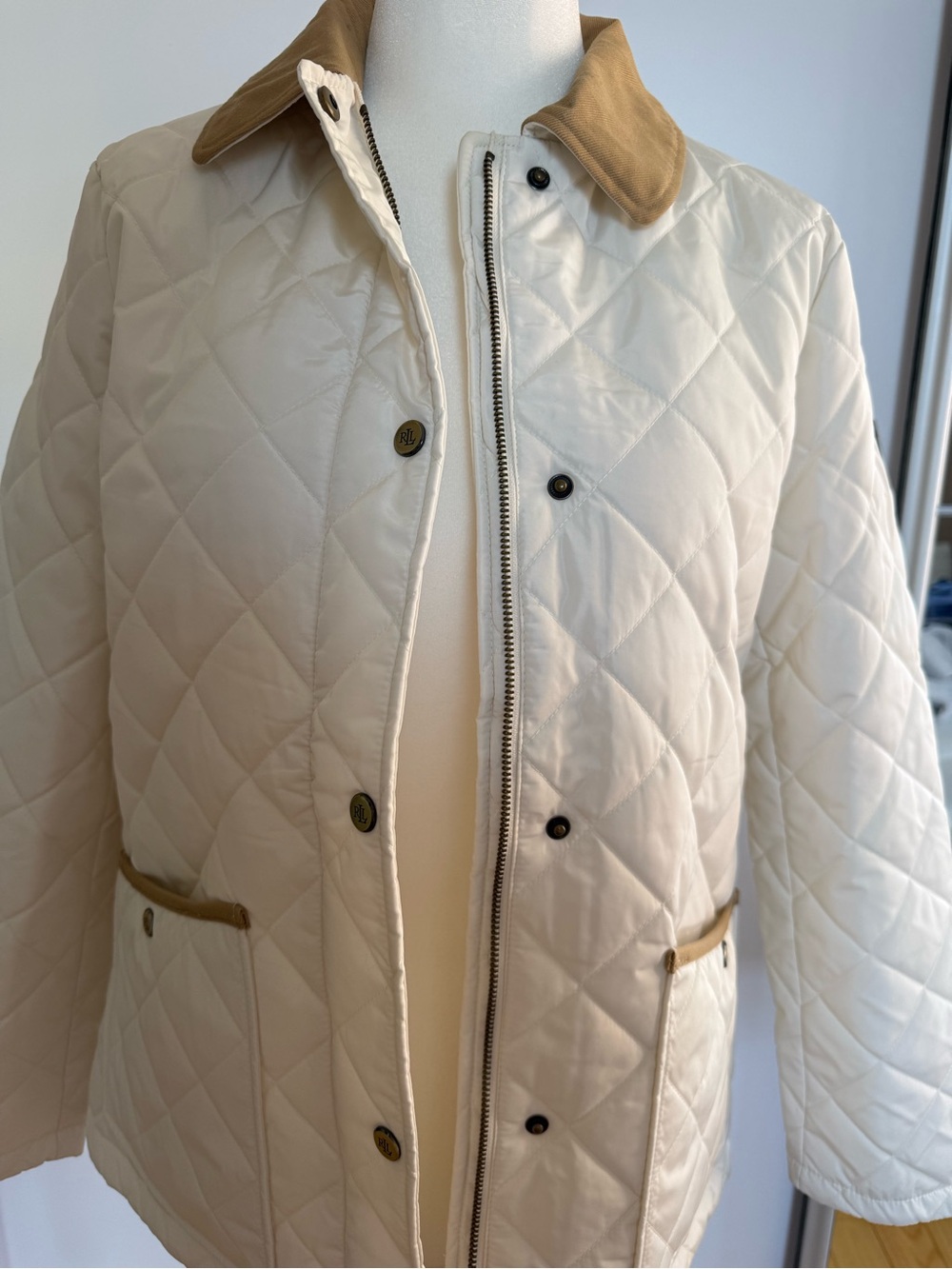 Ralph Lauren Cream Quilted Puffer Jacket with Tan Collar
